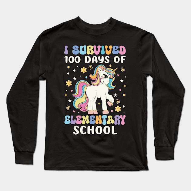 I Survived 100 Days of Elementary School Groovy Unicorn Long Sleeve T-Shirt by JUST PINK